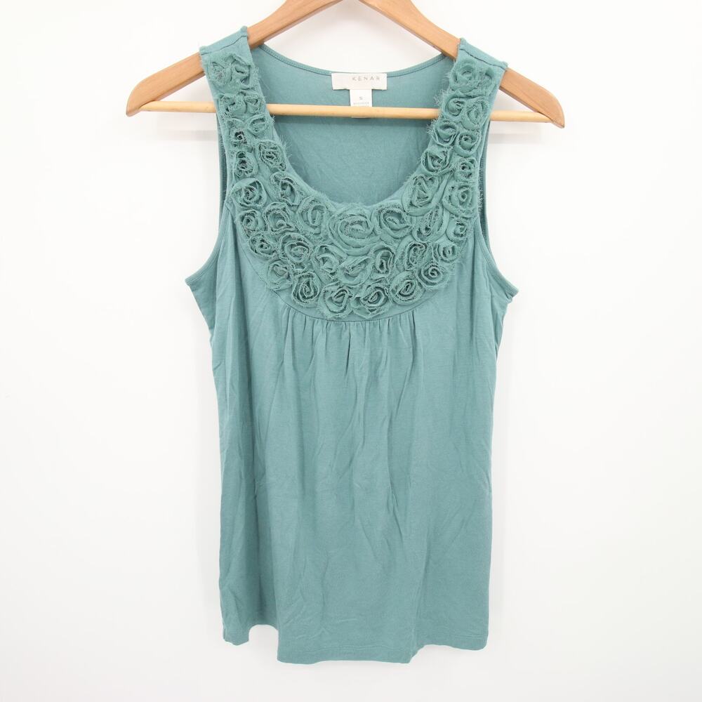 Kenar Top Sleeveless Teal Green Blue Scoop Neck Floral Rose Rosette Tank Size S
